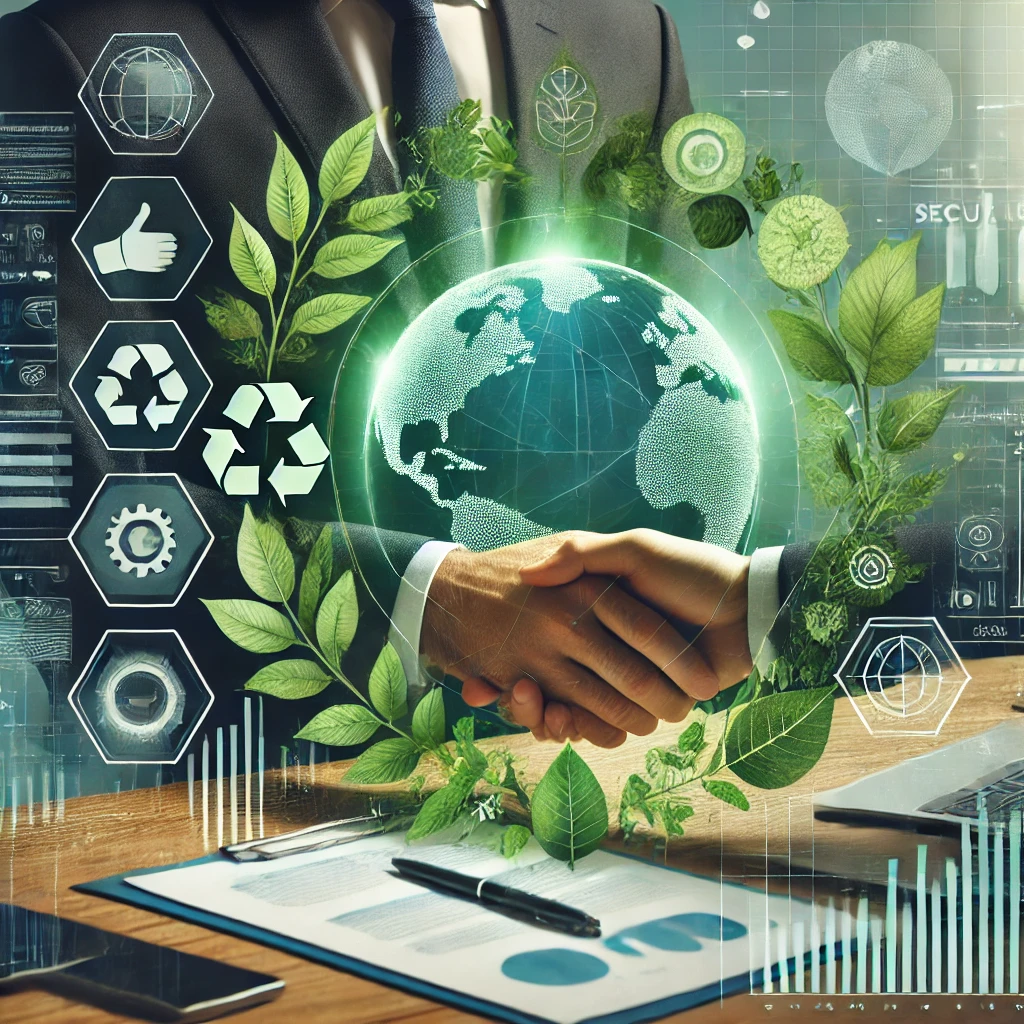 DALL·E 2025 02 17 14.30.33 A professional business themed image in green and blue colors reflecting sustainability and corporate responsibility. The image features eco friendly
