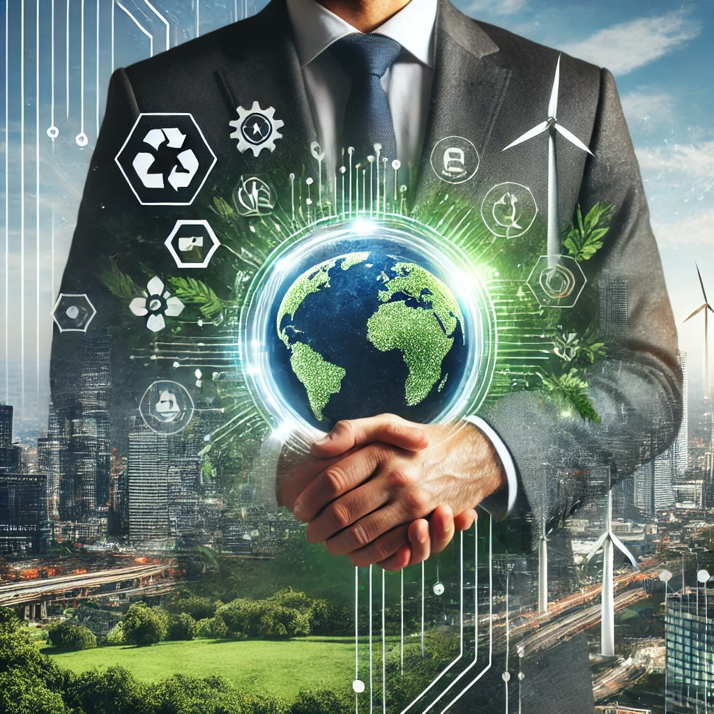 DALL·E 2025 02 17 14.32.01 A professional and modern image representing sustainability and safety. The image features eco friendly technology a secure digital workspace and gr